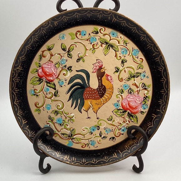 Four Rooster Plates Trays Hand Painted Paper Mache Vintage - Picture 3 of 5